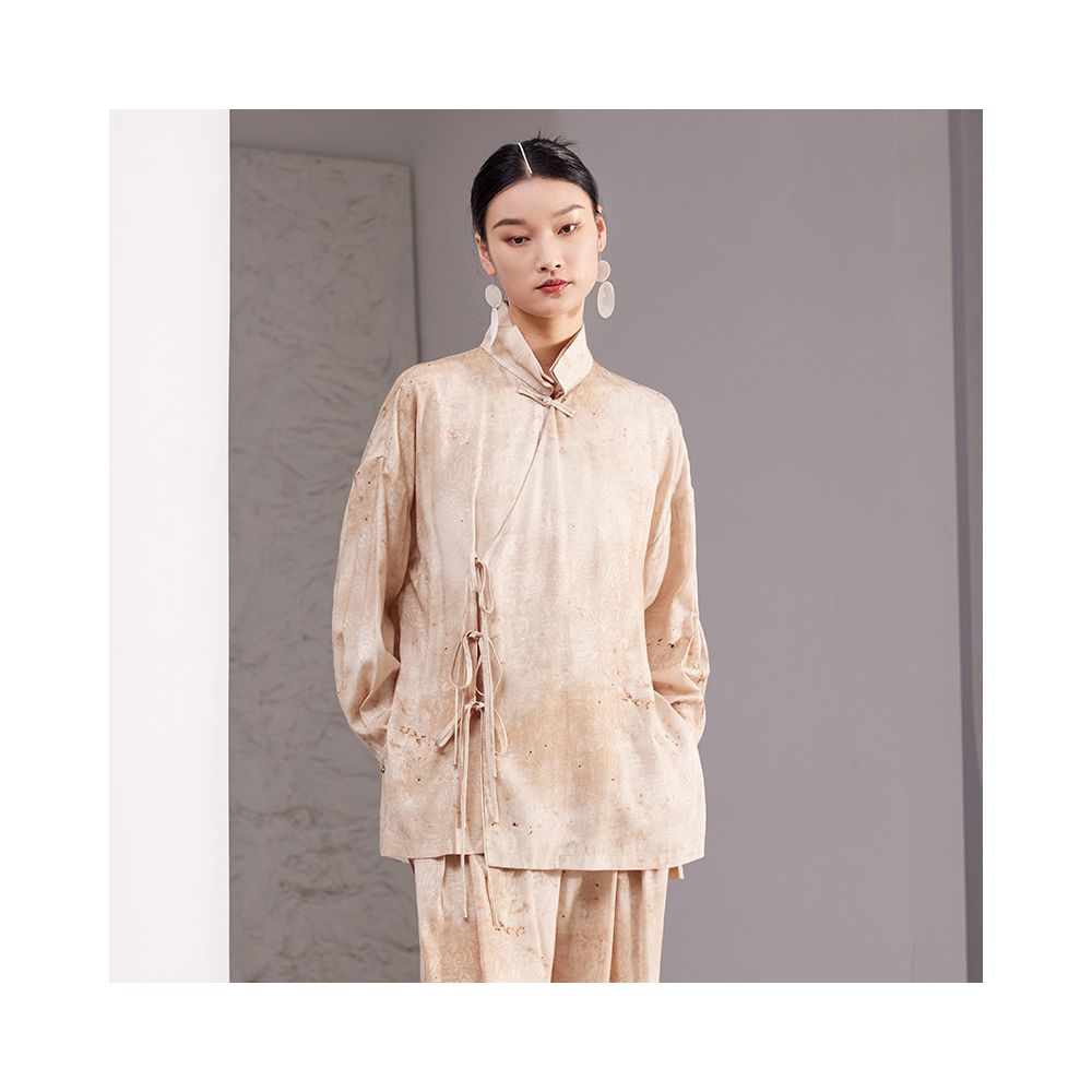 New Chinese style stand up collar rayon distressed jacquard loose fitting literary silhouette shirt for women versatile Zen inspired blouse image 1