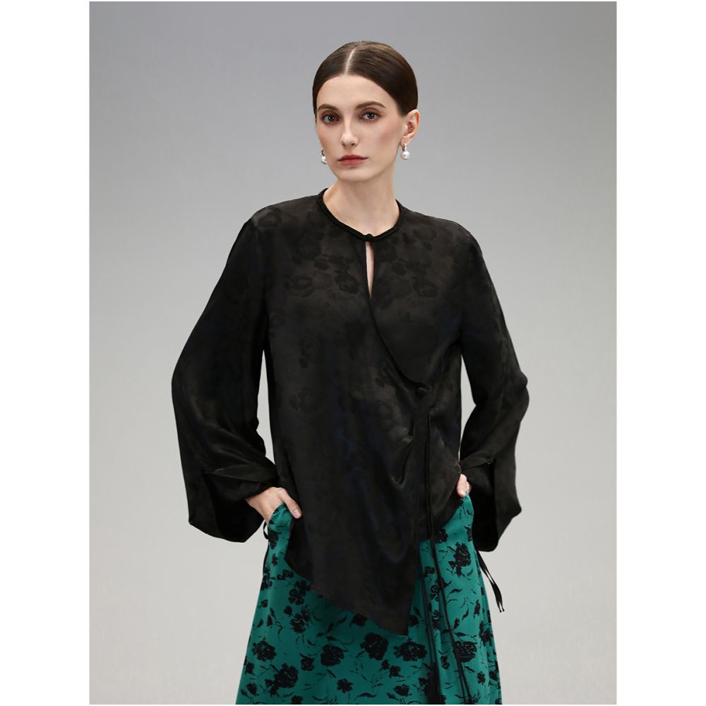 COCOBELLA New Chinese Dark Pattern Jacquard Satin Shirt with Side placket and Buckle Top SR3061B 3 image 3