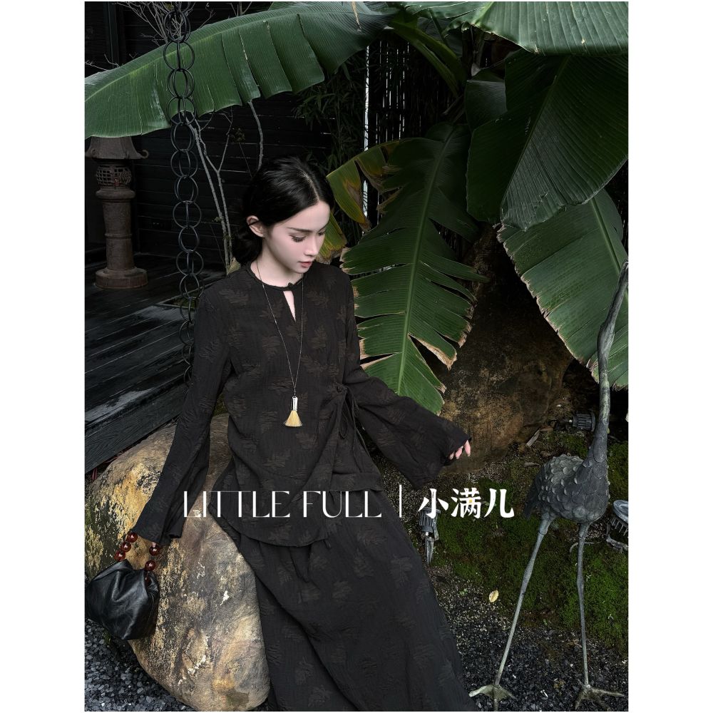 Old Mountain New Chinese Zen Style Tencel Linen Maple Leaf 3D Burnout Floral Top and Skirt Set image 2