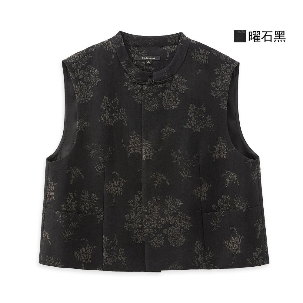 Little bug new Chinese bamboo shadow swaying cotton linen blend artistic heavyweight jacquard slant collar jacket vest skirt image 6