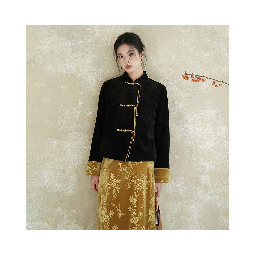 Chuchan New Chinese Style Coat Women s Velvet Embossed Black Tang Costume Top Premium Old Money Style Half Skirt Set image 2