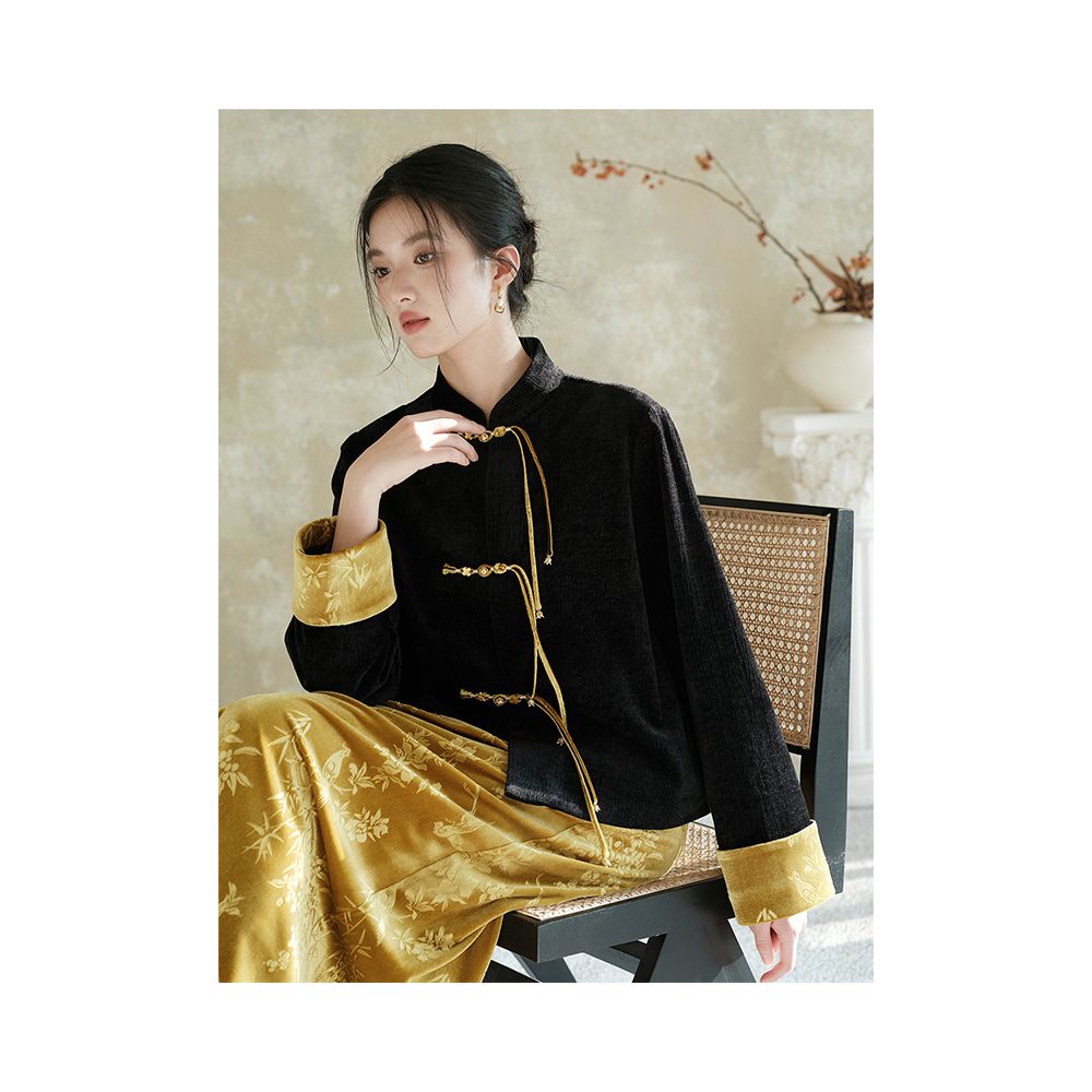Chuchan New Chinese Style Coat Women s Velvet Embossed Black Tang Costume Top Premium Old Money Style Half Skirt Set image 8