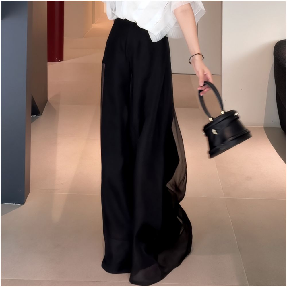 2025 Summer New Fashionable European High end Exquisite Mesh Design Wide Leg Pants for Women Small and Unique Floor Pants image 4