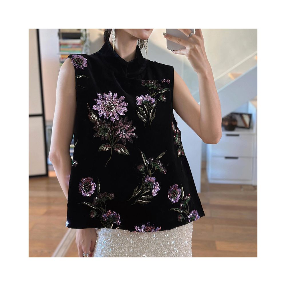 Noble old money style sequin bead embroidery exquisite fireworks vest new Chinese style purple gold flower top for women in spring and summer 2025 image 0