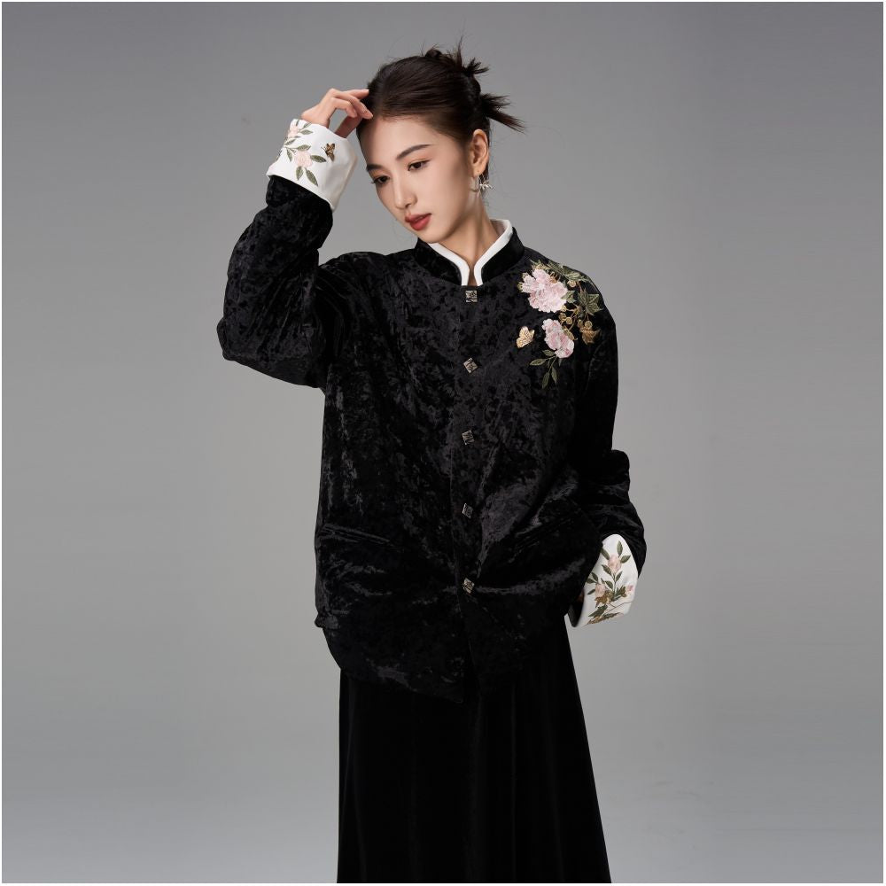 CNEW Chu Nian Er Wen New Chinese Style Peony Floral Embroidery Black Velvet Leather Collar Tang Suit Cotton padded Jacket for Men and Women image 1