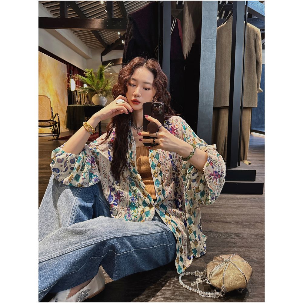 Yang Mi Mid Autumn Festival Same Style Three Lucky Black Flower Window Shadow New Chinese National Velvet Rotten Flower Shirt Women s Coat image 24