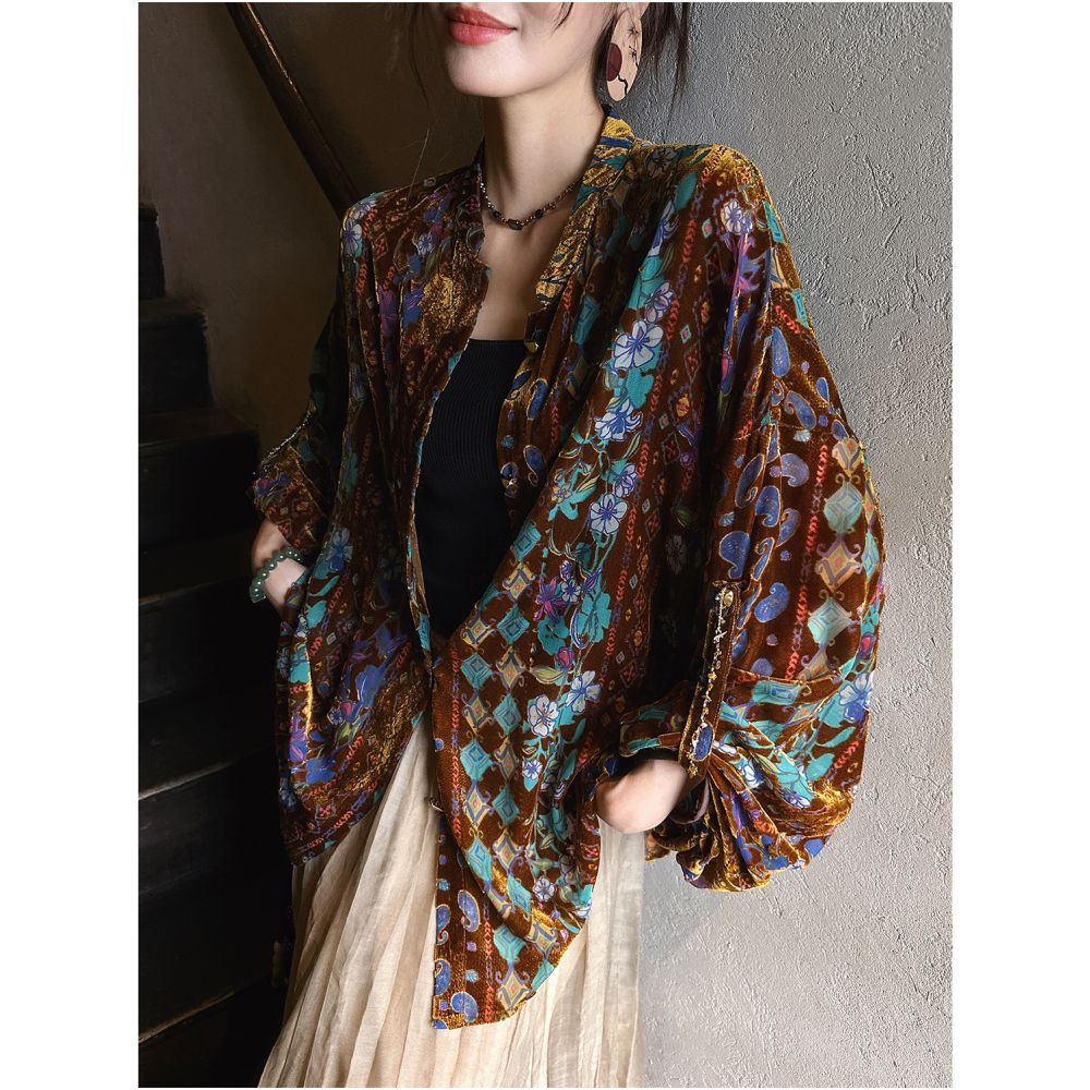 Yang Mi Mid Autumn Festival Same Style Three Lucky Black Flower Window Shadow New Chinese National Velvet Rotten Flower Shirt Women s Coat image 25