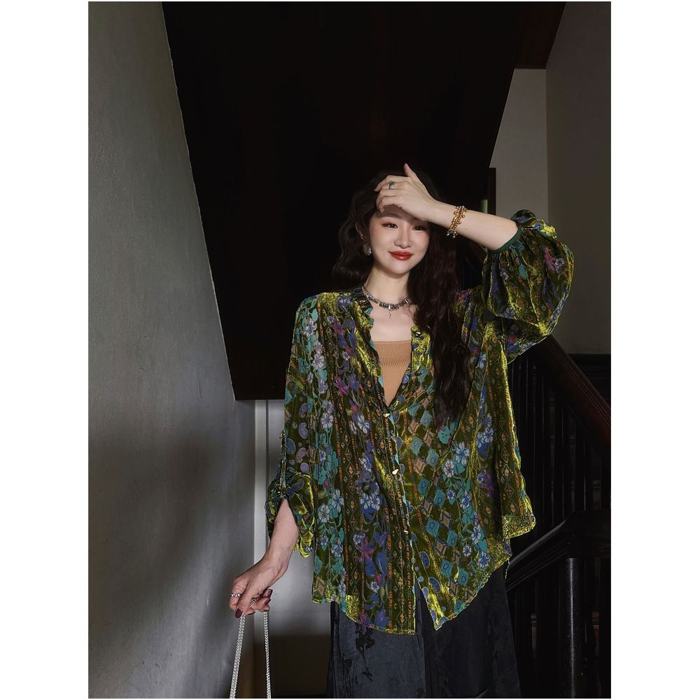 Yang Mi Mid Autumn Festival Same Style Three Lucky Black Flower Window Shadow New Chinese National Velvet Rotten Flower Shirt Women s Coat image 21