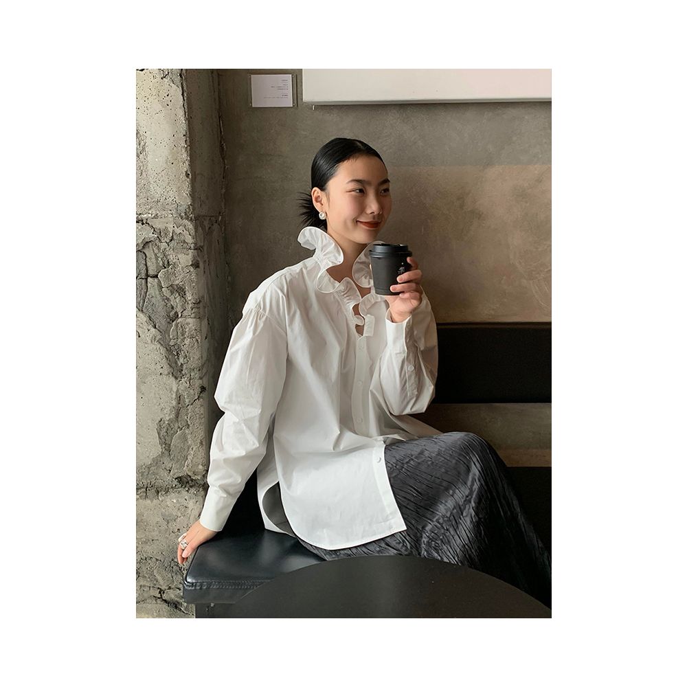 X Rose French style mature and sophisticated ruffled trim shirt new niche loose fitting fashionable base layer top for women image 4