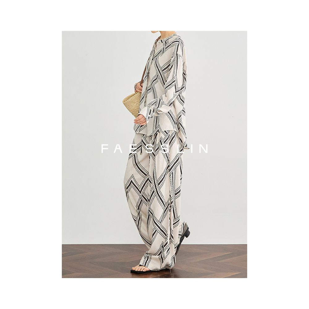 FAESSLIN Tencel Linen Wide Leg Pants for Women Summer Thin Style Relaxed Fit Vacation Style Straight Leg Printed Pants image 2