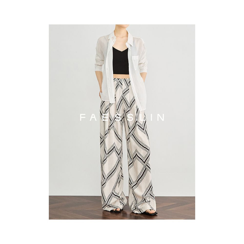 FAESSLIN Tencel Linen Wide Leg Pants for Women Summer Thin Style Relaxed Fit Vacation Style Straight Leg Printed Pants image 3