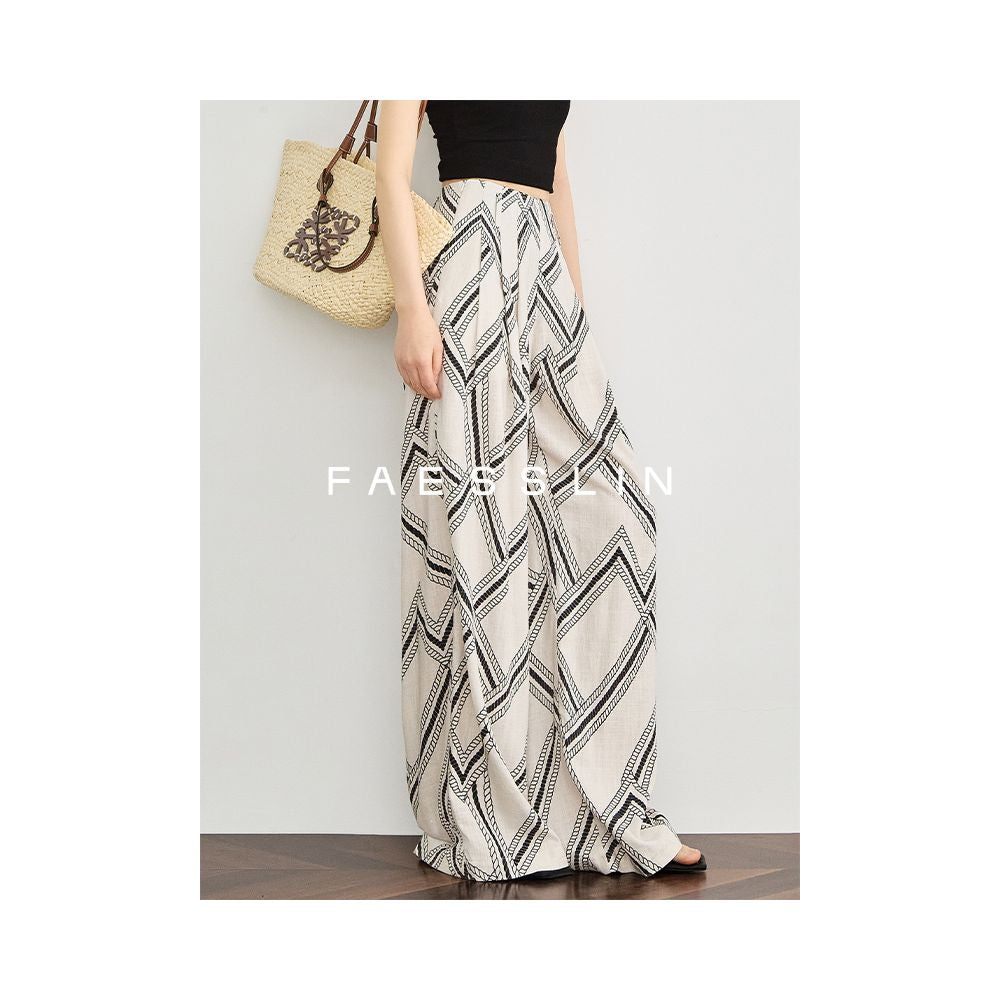 FAESSLIN Tencel Linen Wide Leg Pants for Women Summer Thin Style Relaxed Fit Vacation Style Straight Leg Printed Pants image 8