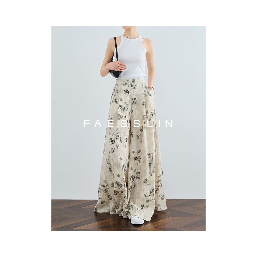 FAESSLIN New Chinese Style Extra Long High Waist Wide Leg Pants Women s Summer Thin Loose Ancient Style Printed Skirt Pants image 3