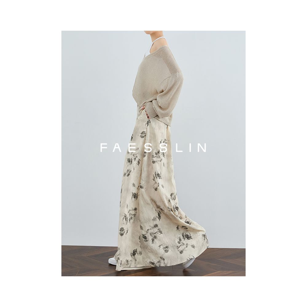 FAESSLIN New Chinese Style Extra Long High Waist Wide Leg Pants Women s Summer Thin Loose Ancient Style Printed Skirt Pants image 4