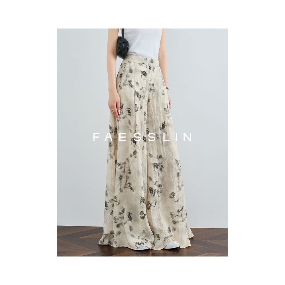 FAESSLIN New Chinese Style Extra Long High Waist Wide Leg Pants Women s Summer Thin Loose Ancient Style Printed Skirt Pants image 8