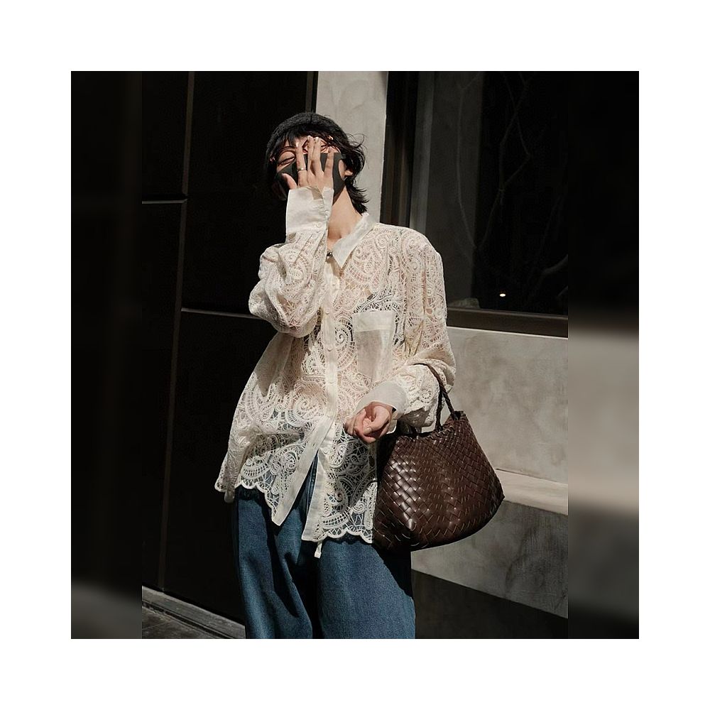 Hollow out design white shirt for women s spring and summer 2025 new style long sleeved lazy style loose heavy industry French lace shirt image 5