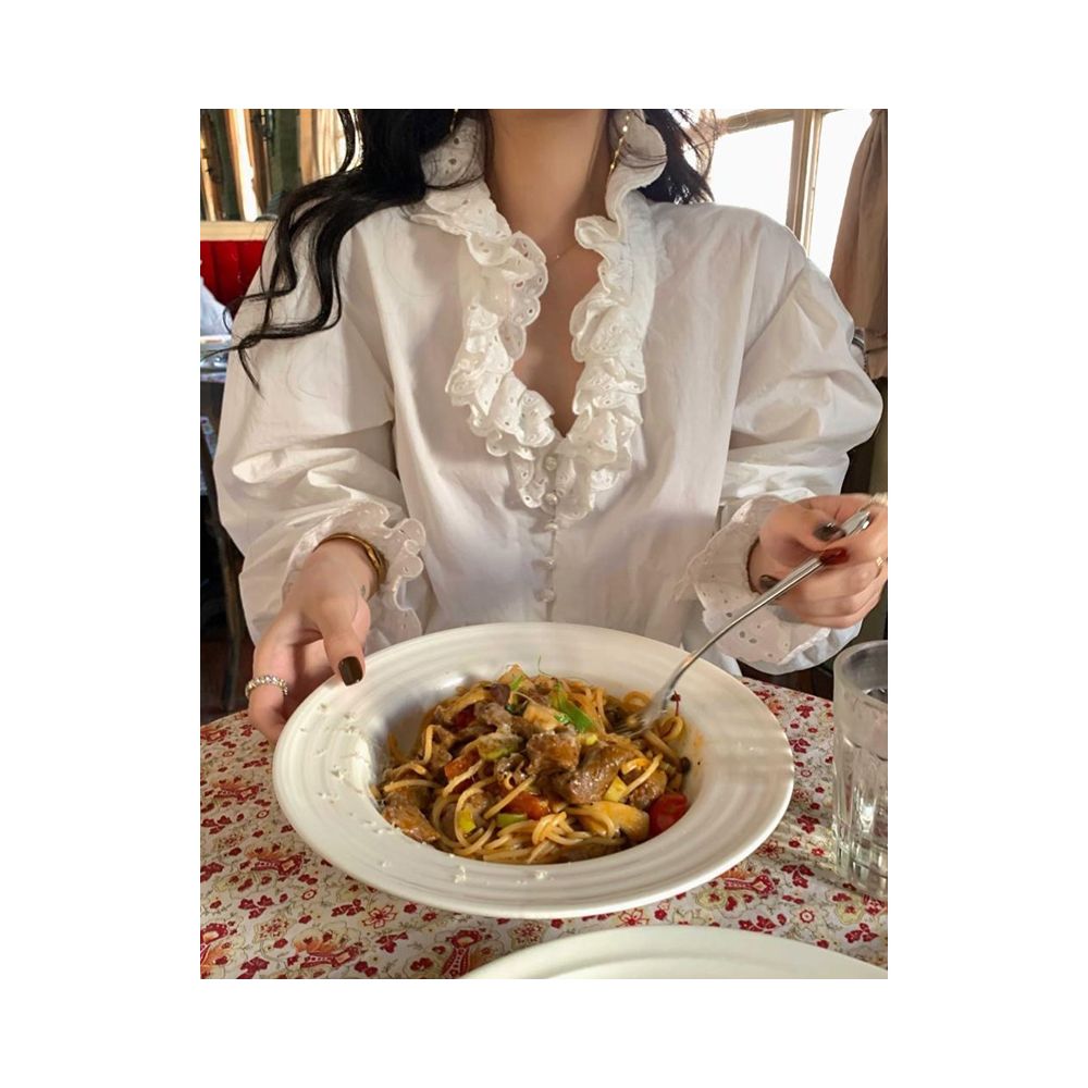 French V neck palace style lotus leaf edge white shirt with a new design sense niche layering unique mid length top image 2