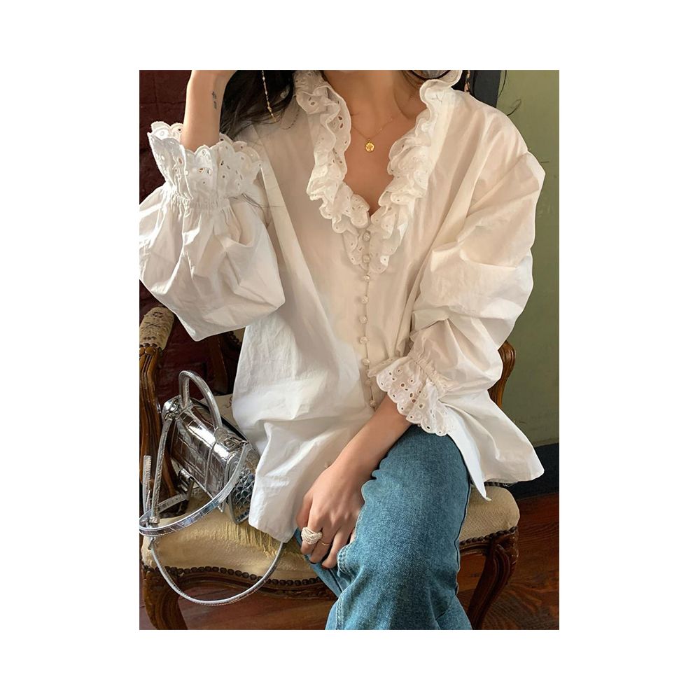 French V neck palace style lotus leaf edge white shirt with a new design sense niche layering unique mid length top image 4