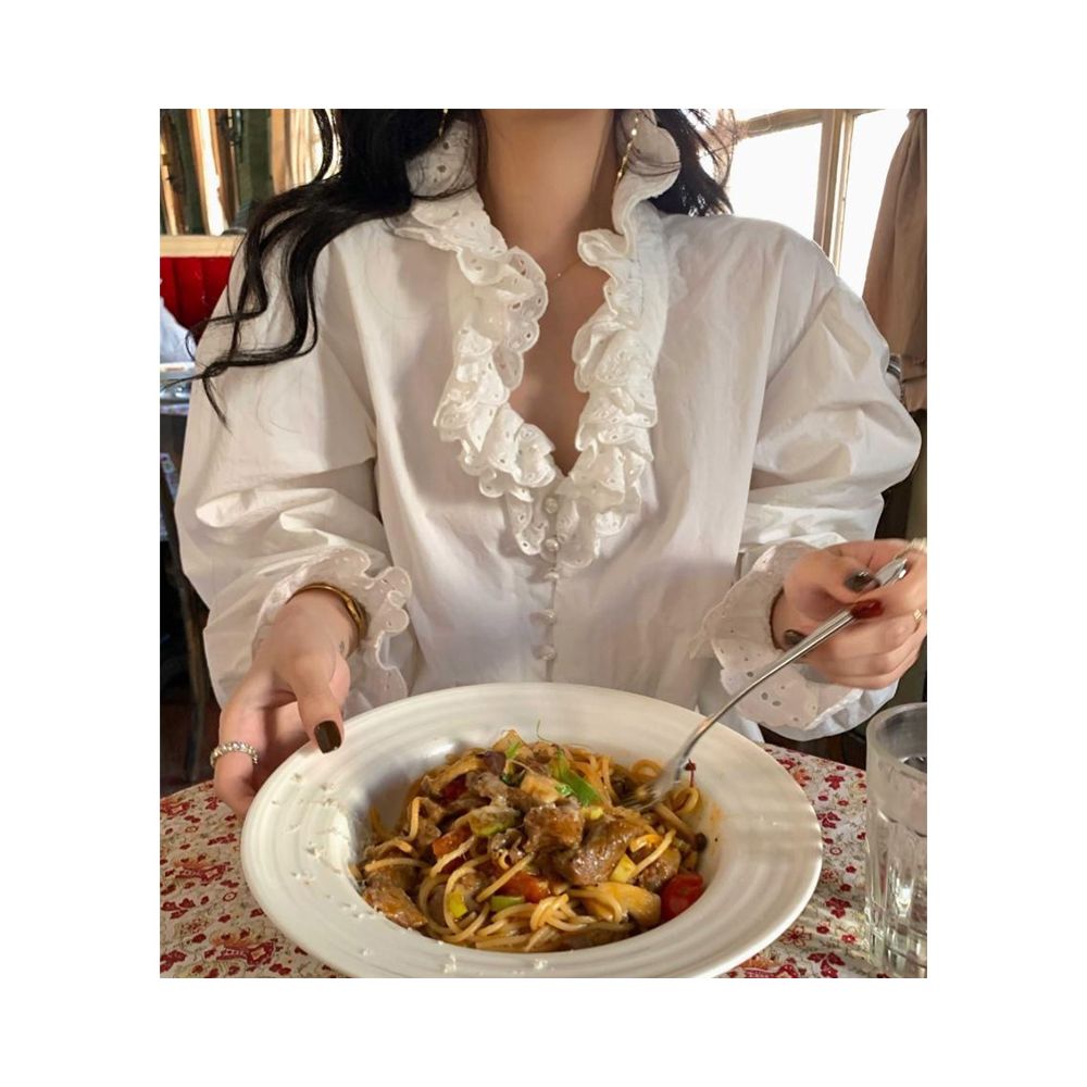 French V neck palace style lotus leaf edge white shirt with a new design sense niche layering unique mid length top image 5