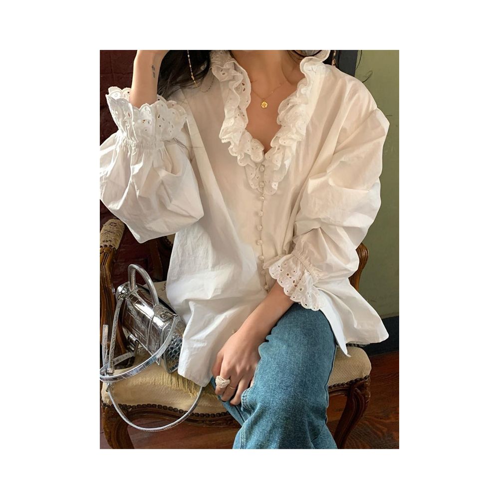 French V neck palace style lotus leaf edge white shirt with a new design sense niche layering unique mid length top image 8