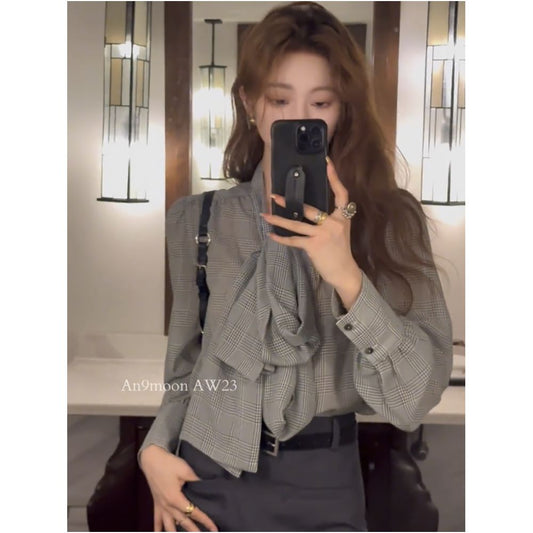 ASAYA5130 – Glen Check Bow Blouse 🩶✨