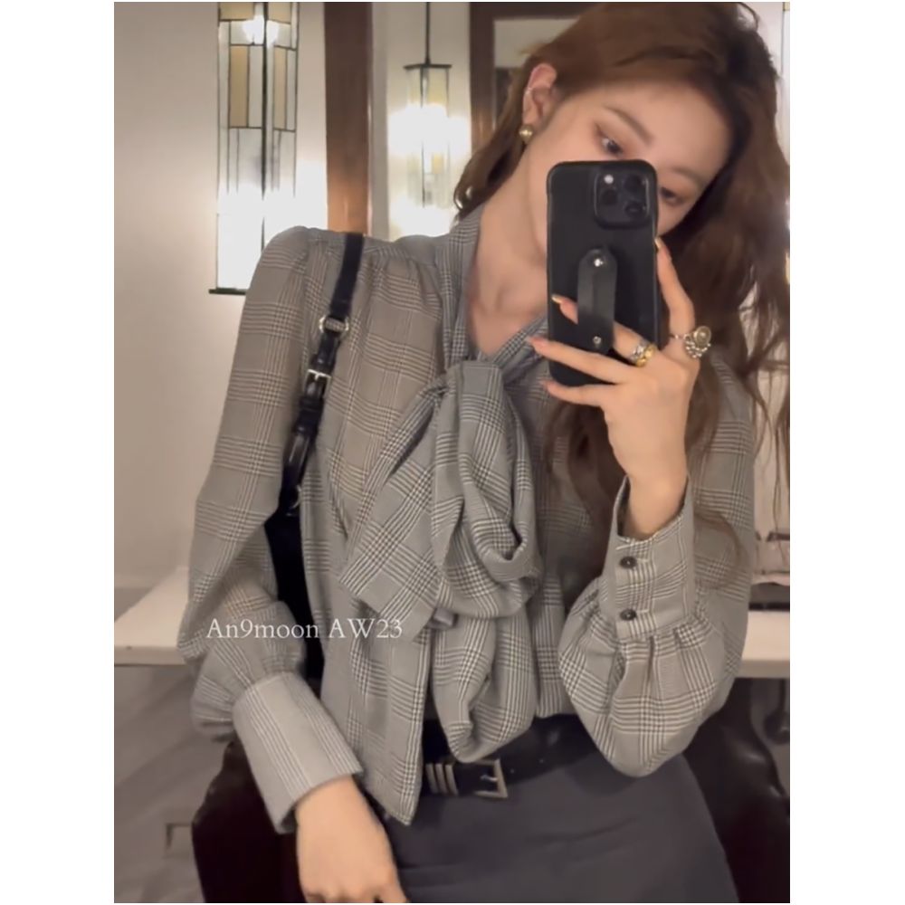 High end chic and stylish design checkered shirt collar bow tie strap niche temperament slimming top 2025 image 2