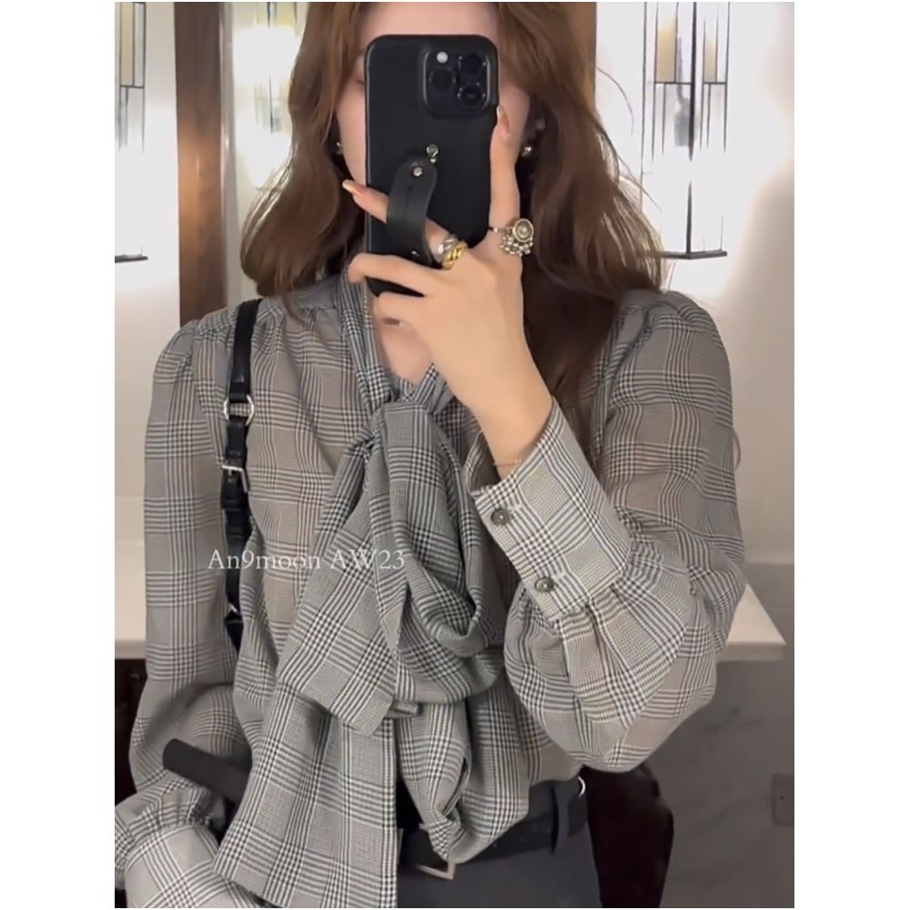 High end chic and stylish design checkered shirt collar bow tie strap niche temperament slimming top 2025 image 4