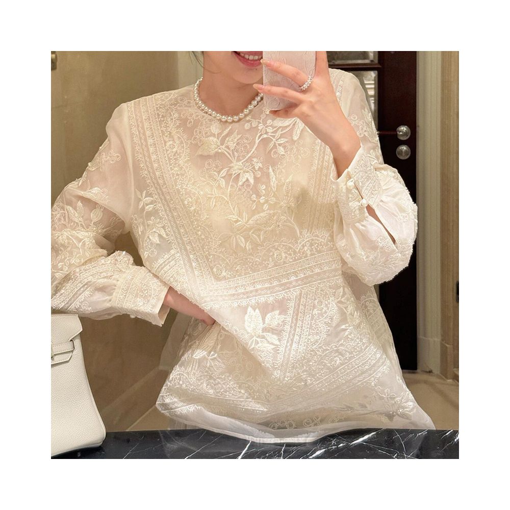 New Chinese Style Lace Shirt with Folded Buttons Women s Summer 2025 New Arrival Versatile Loose fitting Long sleeved Top image 2