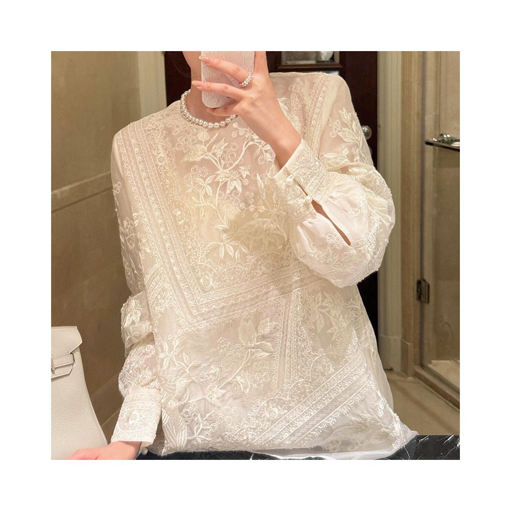 New Chinese Style Lace Shirt with Folded Buttons Women s Summer 2025 New Arrival Versatile Loose fitting Long sleeved Top image 0