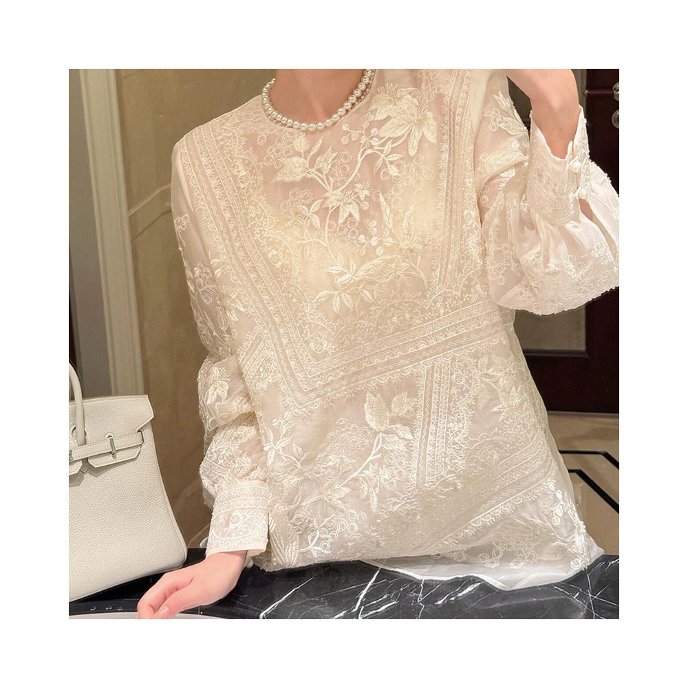 New Chinese Style Lace Shirt with Folded Buttons Women s Summer 2025 New Arrival Versatile Loose fitting Long sleeved Top image 7