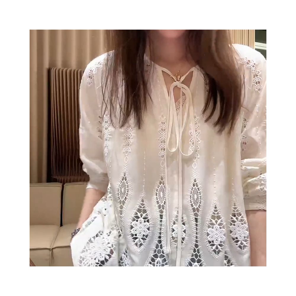 French retro hollow out tie waist shirt for women new spring summer 2025 style elegant versatile loose casual long sleeved top image 9