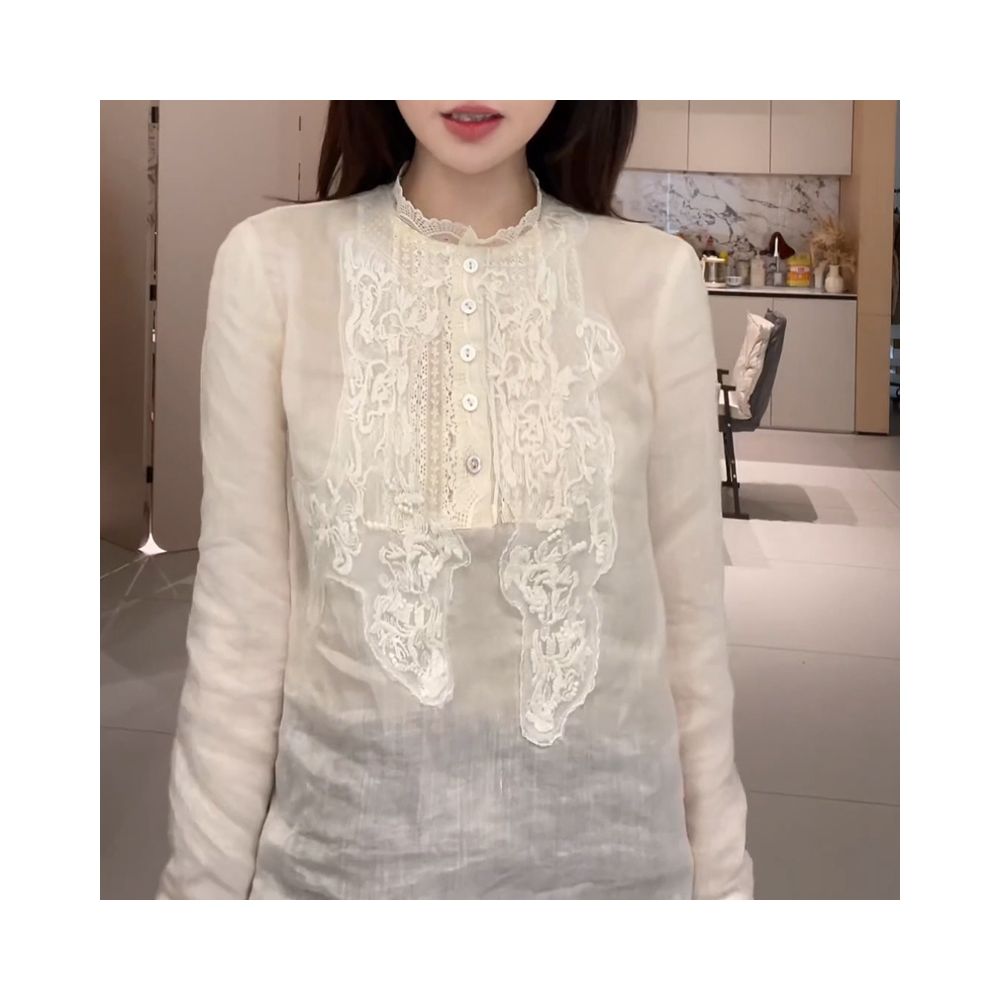 French retro heavy industry lace patchwork shirt for women in spring 2025 versatile loose and slimming design top image 4