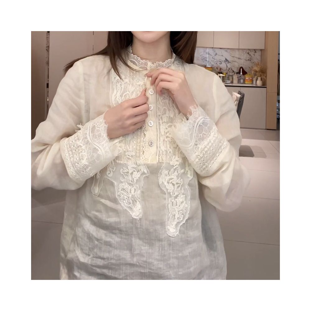 French retro heavy industry lace patchwork shirt for women in spring 2025 versatile loose and slimming design top image 5