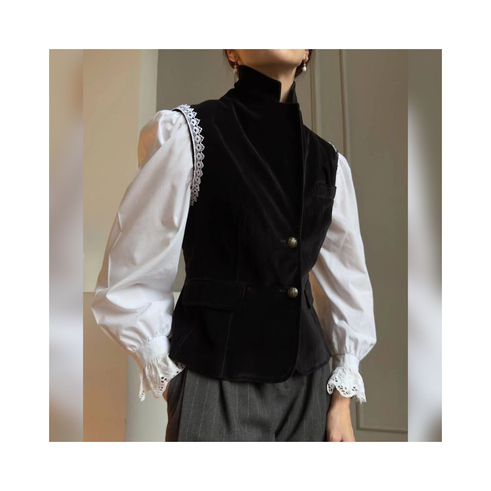 European style high end white shirt black high neck vest spring 2025 new fashionable and slimming outfit image 11