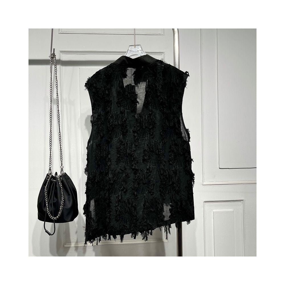 Fashionable design tie V neck jacquard thin transparent vest women s 2023 summer new high end niche mid length top image 2