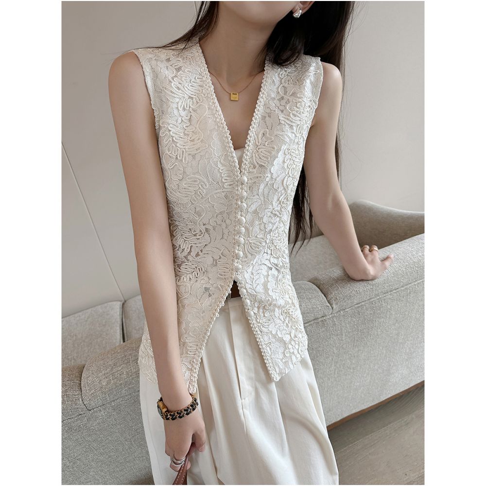 PINKEEN white small fragrant style V neck sleeveless vest women s summer 2025 new hollow hook flower temperament slimming top image 3