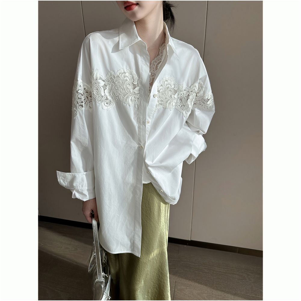 PINKEEN White Lace Hollow Long Sleeve Shirt for Women s Summer 2025 New French Elegant Loose Fashion Top image 1