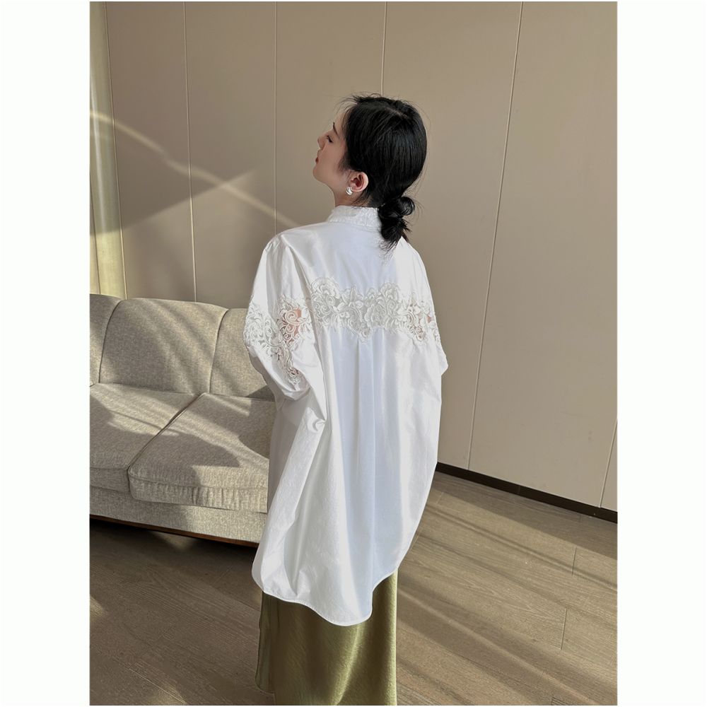 PINKEEN White Lace Hollow Long Sleeve Shirt for Women s Summer 2025 New French Elegant Loose Fashion Top image 3