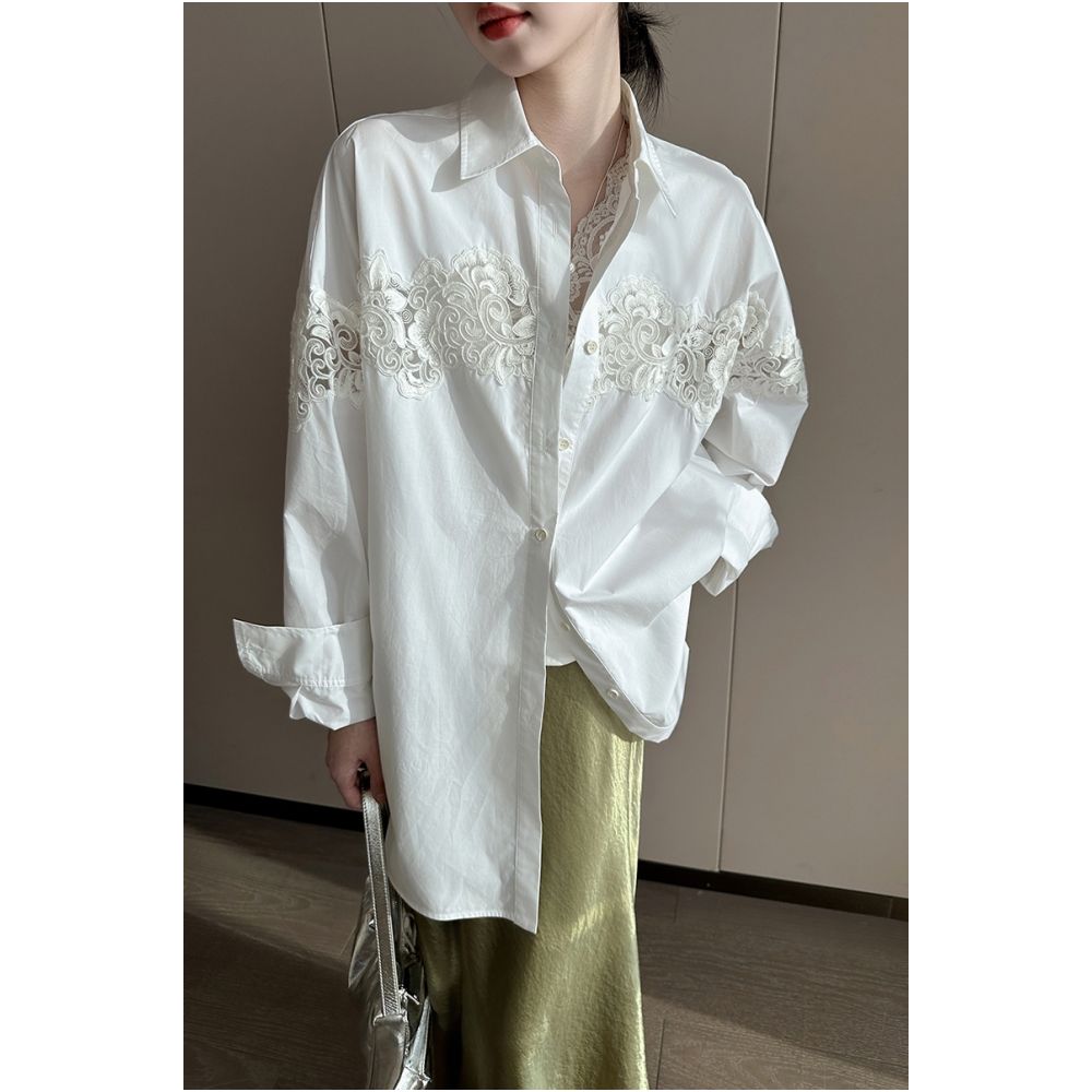 PINKEEN White Lace Hollow Long Sleeve Shirt for Women s Summer 2025 New French Elegant Loose Fashion Top image 7