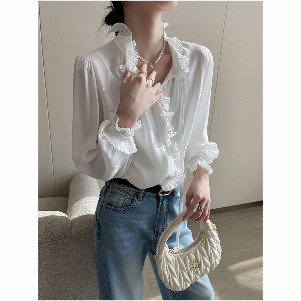 PINKEEN White Lace Long Sleeve Shirt for Women Autumn 2025 New Arrival High End Simple Elegant and Stylish Shirt image 2