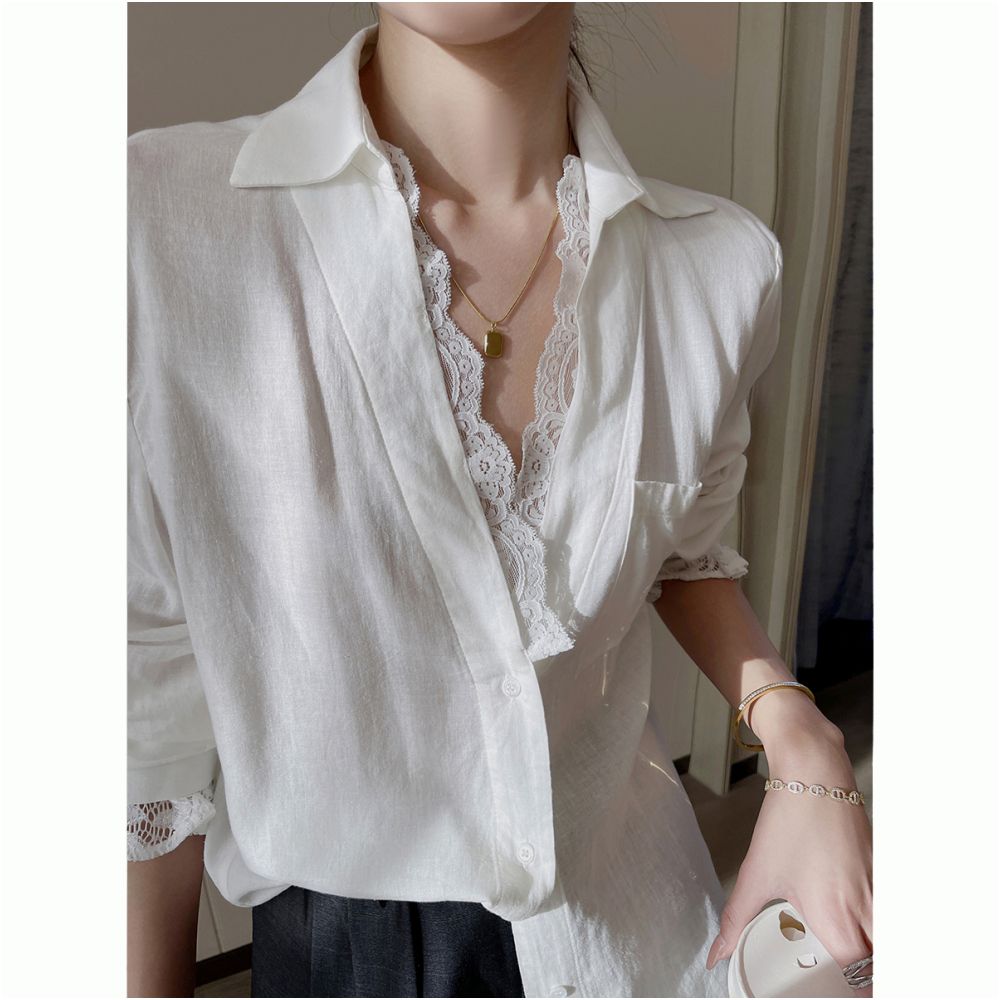 PINKEEN White V neck Lace Splicing Long Sleeve Shirt for Women Autumn 2025 New Fashionable Senior Top for Aging Reduction image 5