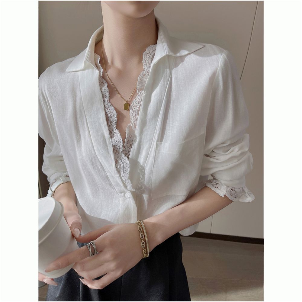 PINKEEN White V neck Lace Splicing Long Sleeve Shirt for Women Autumn 2025 New Fashionable Senior Top for Aging Reduction image 6