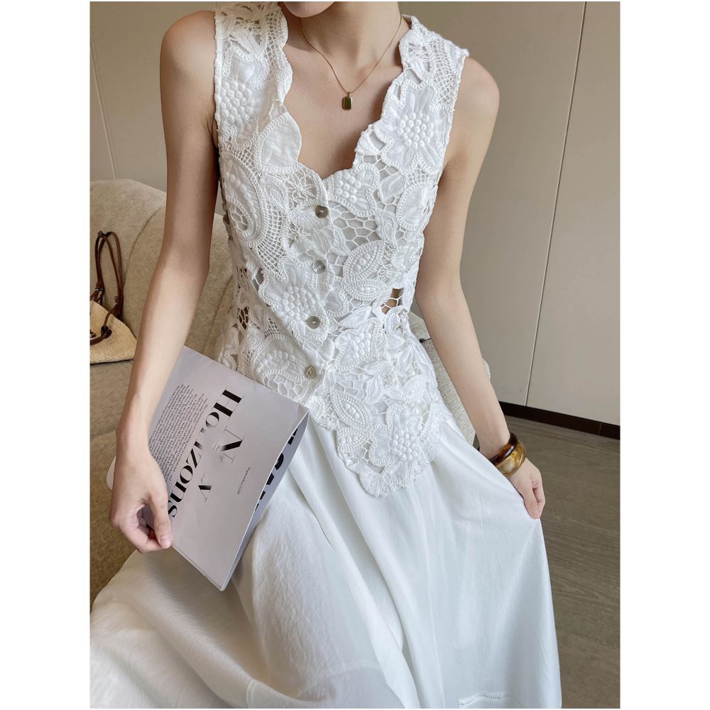 PINKEEN White V neck Sleeveless Heavy duty Vest Women s Summer 2025 New Collection Waist slimming Lace Hollow Top image 5