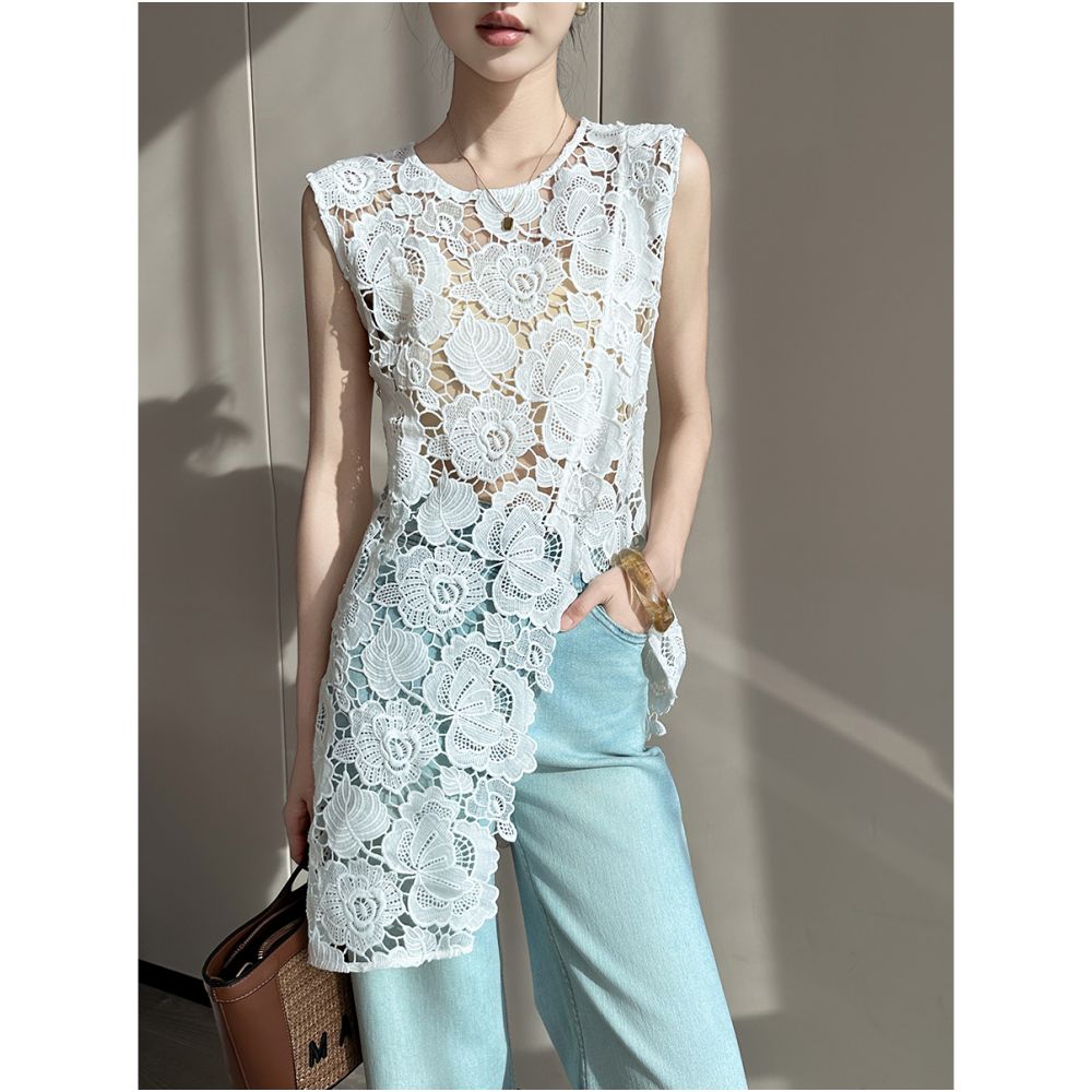 PINKEEN White Round Neck Sleeveless Irregular Lace Small Shirt for Women Summer 2025 New Unique Hollow Top image 5