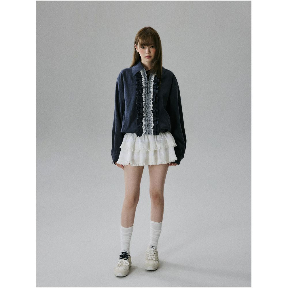 LOST FOREST Lazy Holiday Sweet Girlish Casual Lace Single Layer Cotton Jacket with Ruffled Trim image 4