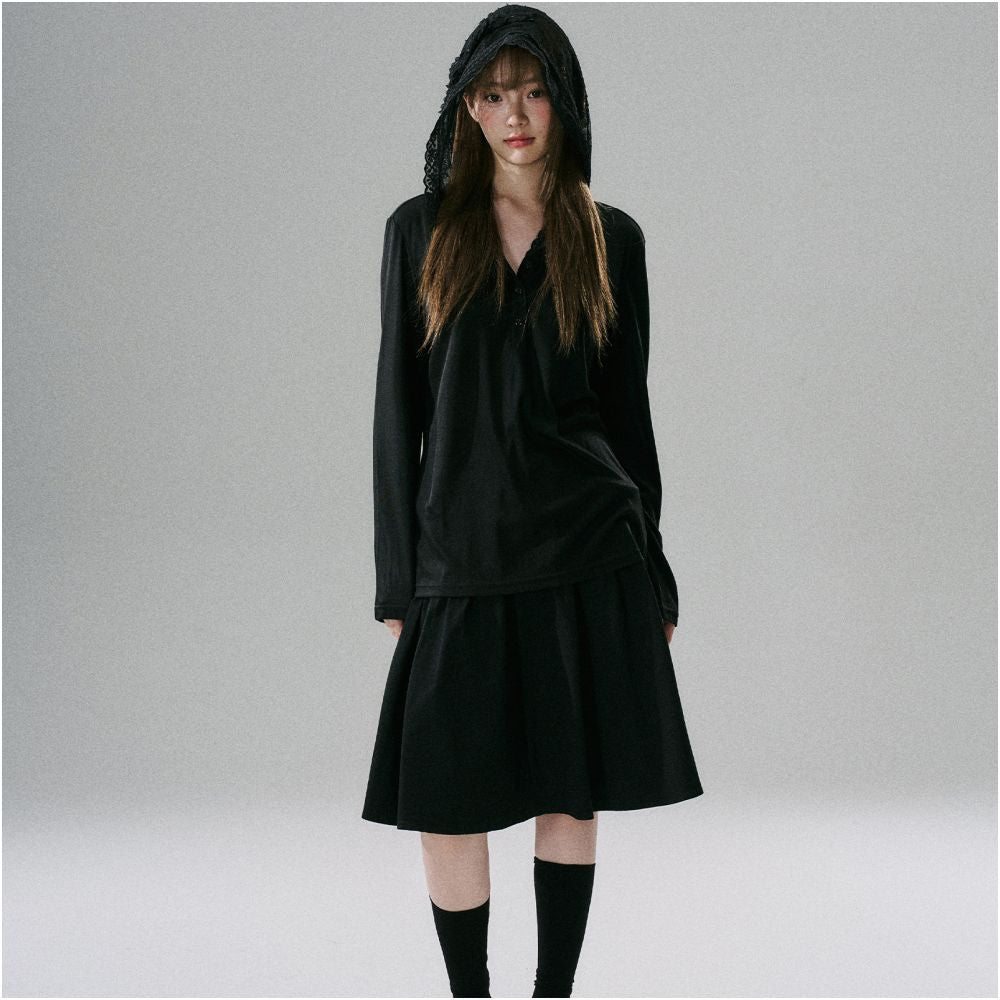 LOST FOREST Lace Bow Hat Black Long Sleeve Lyocell Loose Bottom Shirt Sweet Girl New image 2