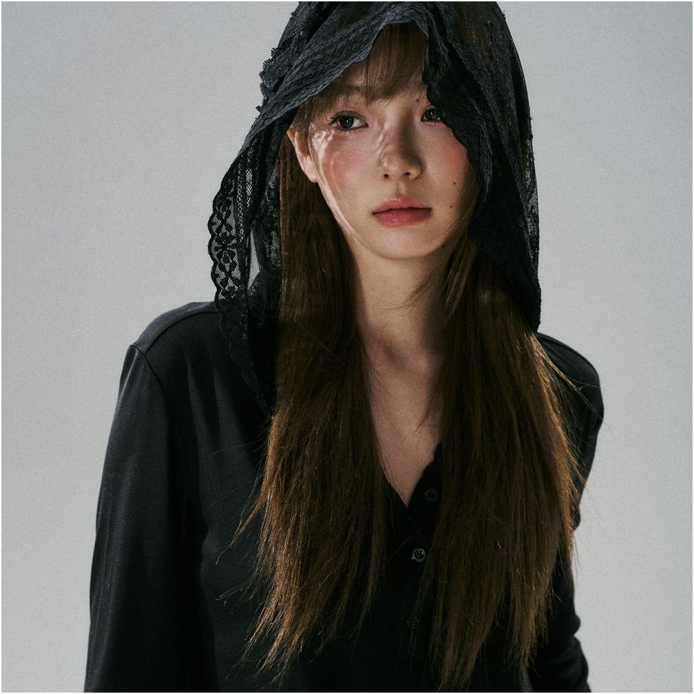 LOST FOREST Lace Bow Hat Black Long Sleeve Lyocell Loose Bottom Shirt Sweet Girl New image 0