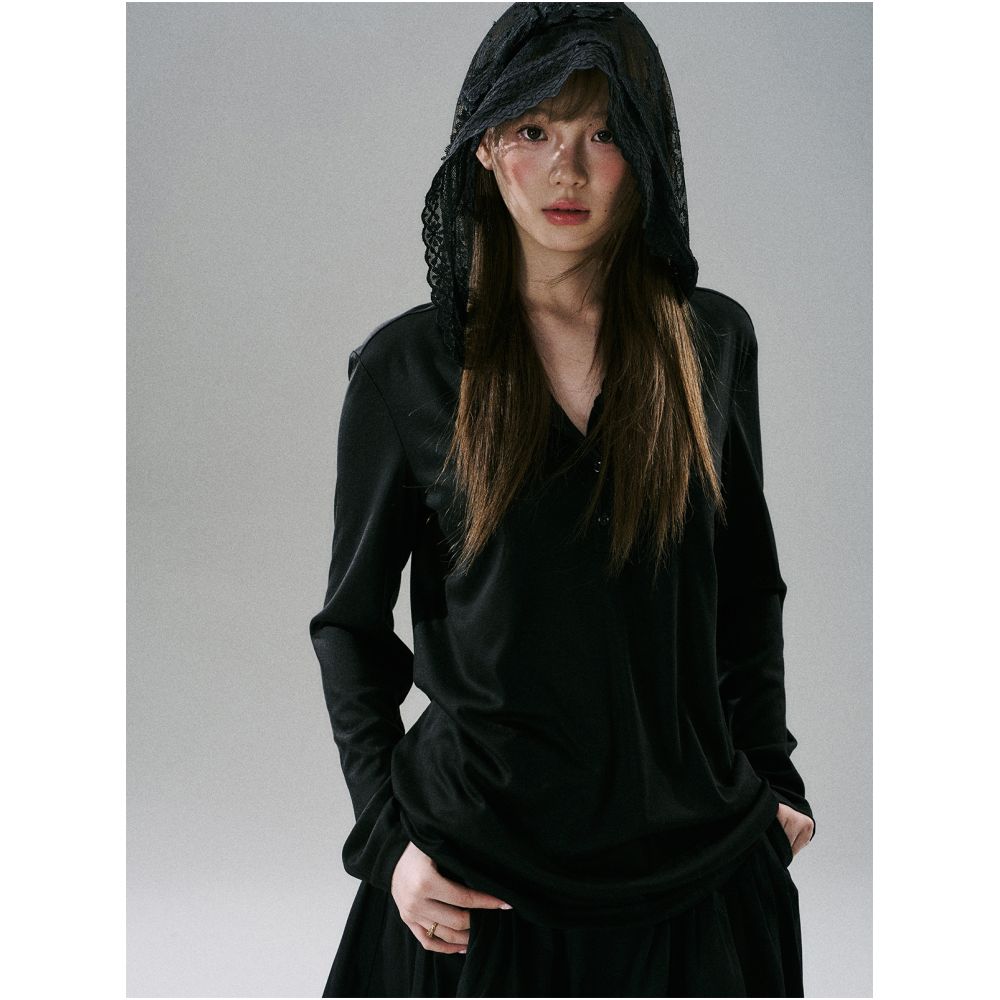 LOST FOREST Lace Bow Hat Black Long Sleeve Lyocell Loose Bottom Shirt Sweet Girl New image 7