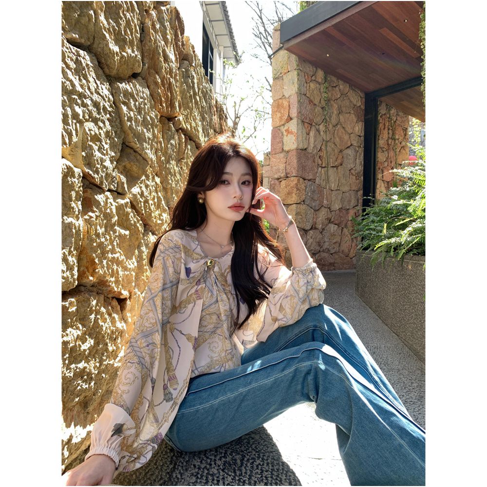 Syeee Helen print design sense golden ball top for women s spring loose fashion irregular cape image 3