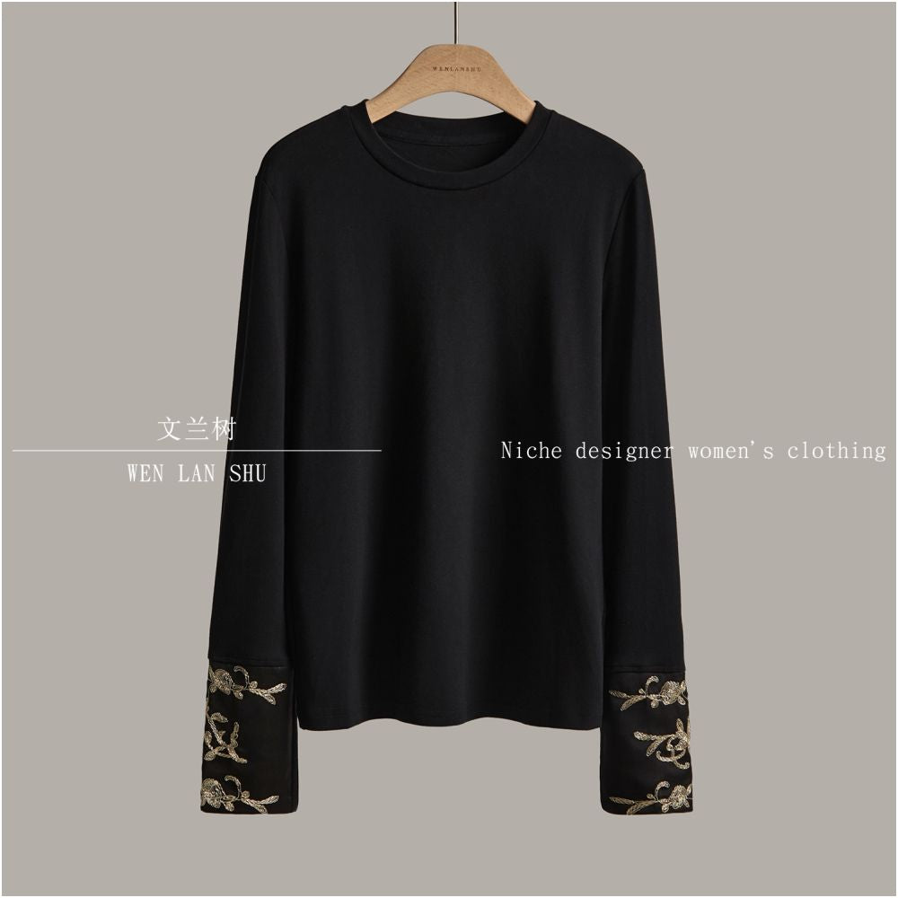 2025 Early Autumn Women s Clothing Chinese Style New Chinese Style Gilded Gold Embroidered Spliced Sleeve Long Sleeve T shirt with Inner Undercover Top image 8